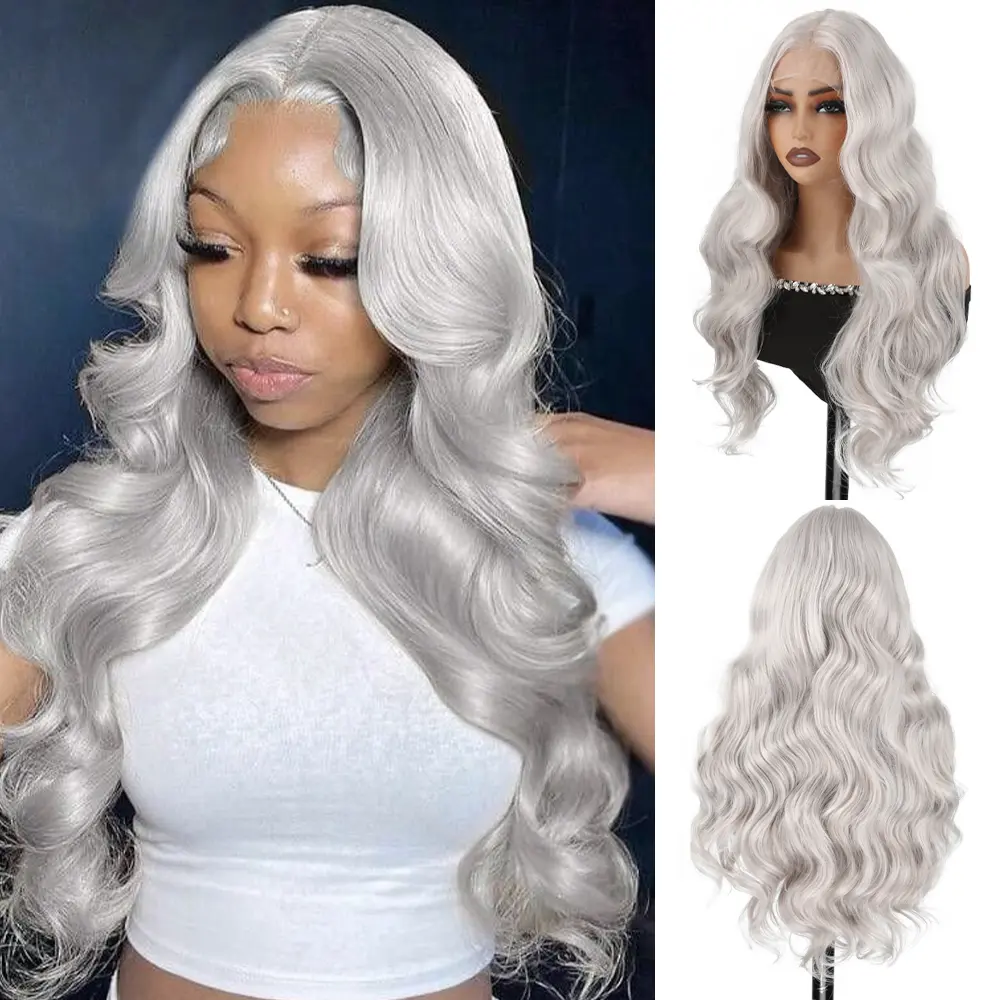 24inch Long 13x6 HD Front Lace Synthetic Wig - Body Wave Wigs Heat Resistant for Various Shapes Gorgeous Fluffy without Bangs for Halloween, Christmas Party, Daily Use