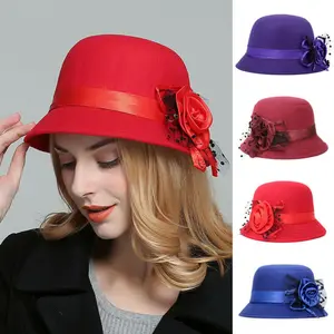 Women Vintage Wool Felt Bucket Cap Flower Ladies Winter Cloche Church Bowler Hat Chic Felt Bow Bowler Cap For Outdoor