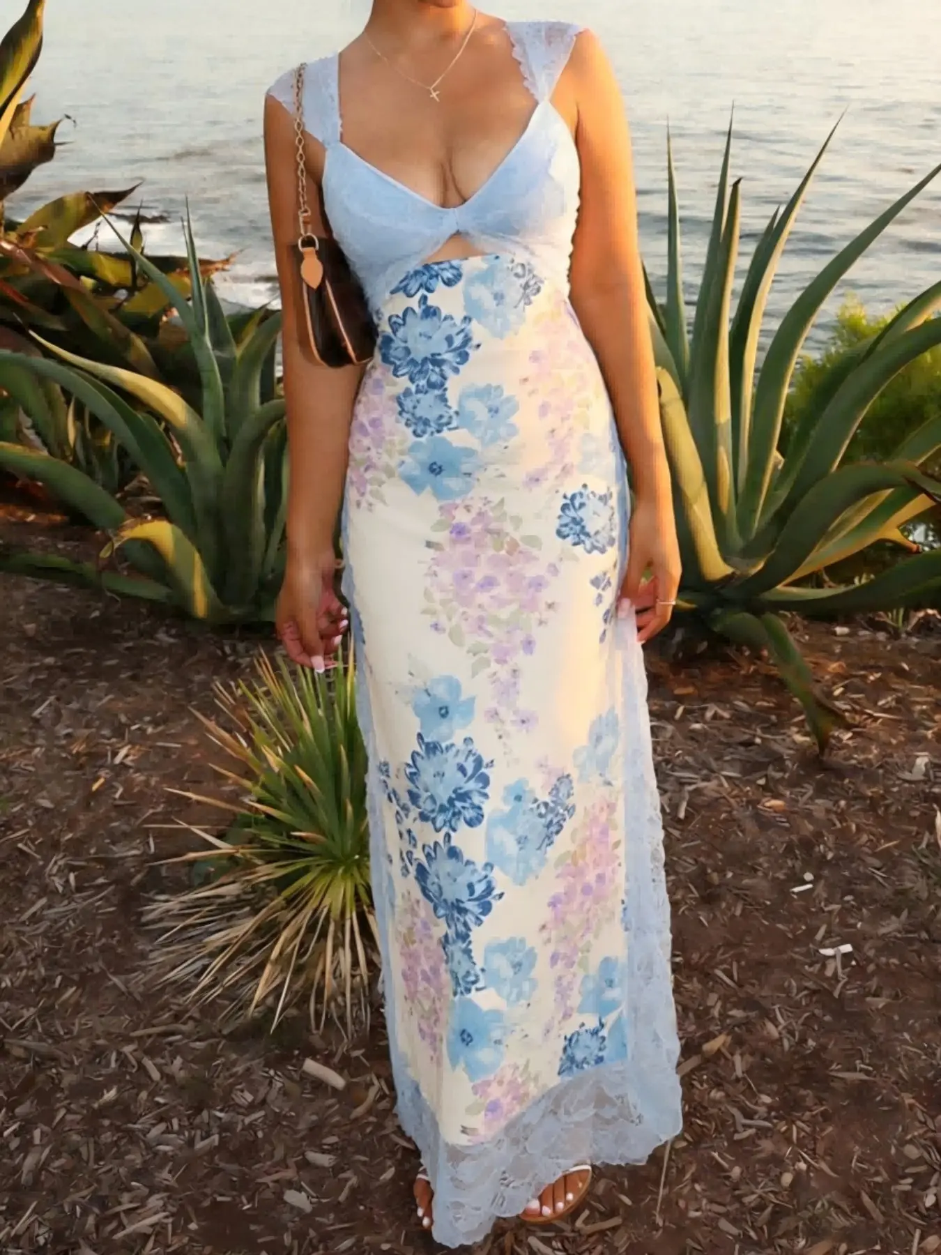 knee length dresses for ladies Patchwork Blooms Midi Dress, Ivory 3XL main image 0