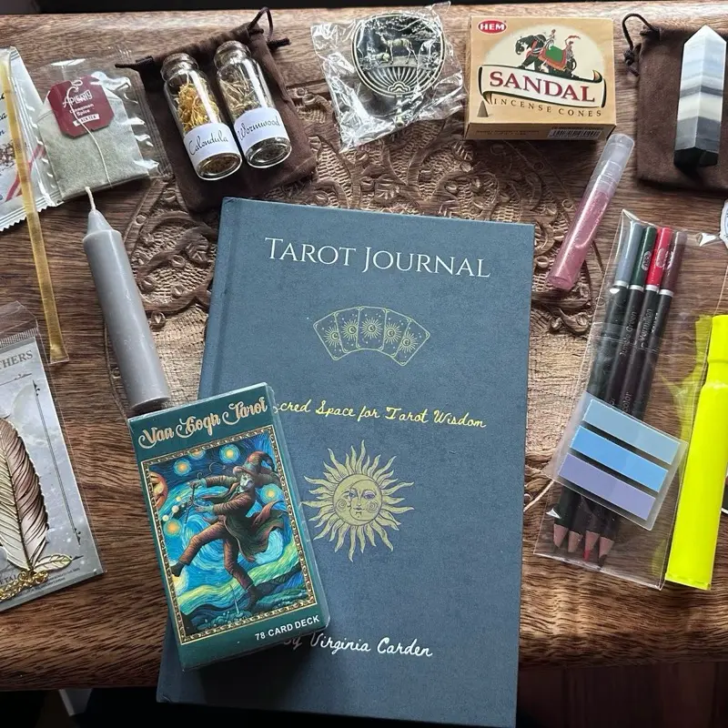 SACRED Beginner Tarot Deck Set - Soft-Cover Tarot Journal, English Spiritual Exploration Book, Writing Tools, Bookmarks, Stickers, Chime Candle, Blessed Salt, Herb Vials, Incense, Herbal Tea Bags for Virginia Carden Blind Date-Inspired Practices