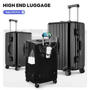 Three-Piece Luggage Set with USB Charging Port, Cup Holder, and Multi-Functional Phone Holder Expandable PC+ABS Durable Suitcase with Multi-Directional Wheels and TSA Lock Unisex Travel Luggage in 20/24/28 Inches Top Back-to-School Gift Choice uuh