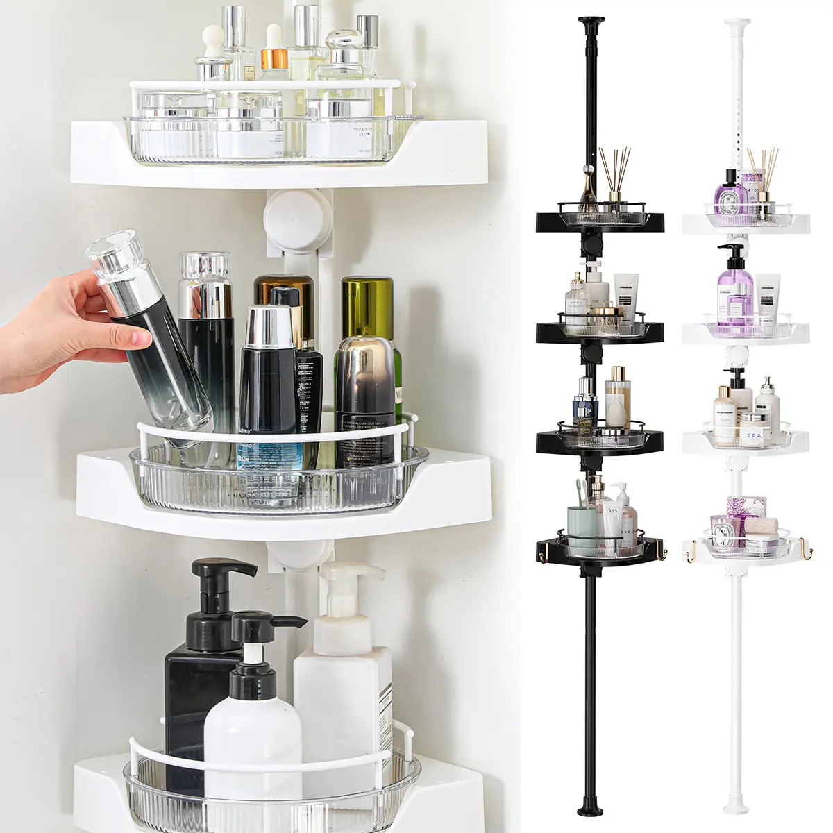 360° Rotating Shower Caddy Tension Pole with 4-Tier Rustproof Lazy No Drilling Coner Shelves Adjustable Shower Rack,home essentials Bathroom Organizers Bathroom Organizer Supplies
