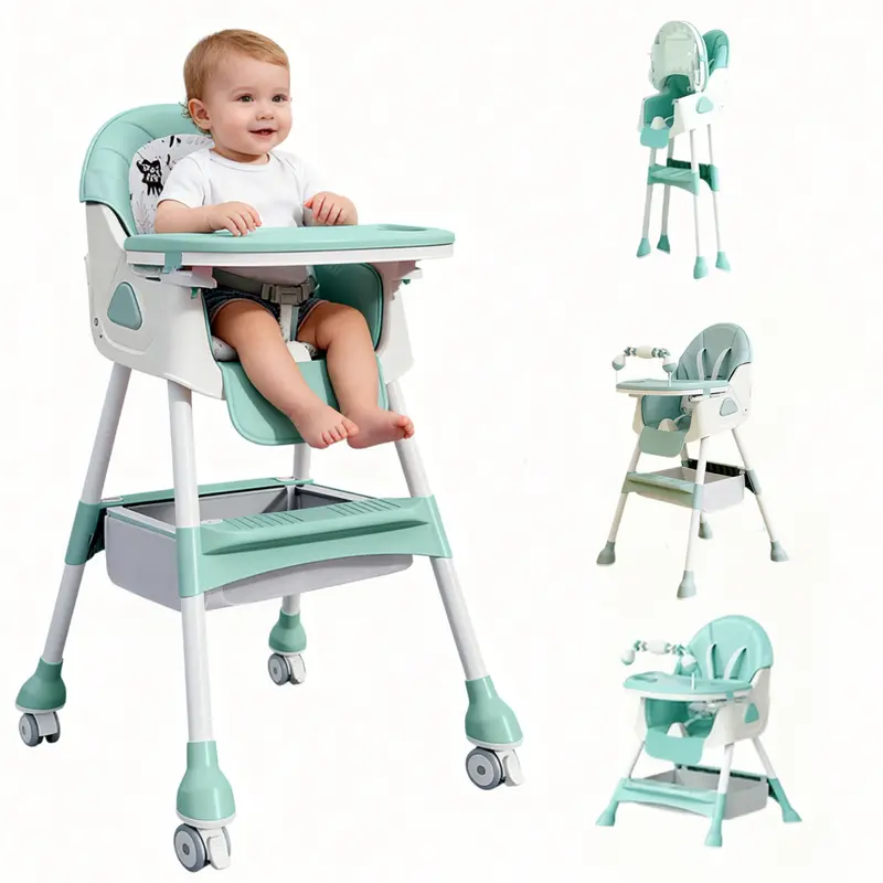 3-in-1 Baby High Chair, Adjustable Foldable High Chair for Babies & Toddlers, Convertible Infant Feeding Chair with  Footrest, PU Seat Cushion & Double Removable Tray, Portable for Travel & Small Spaces double tray stability structure detachable pu cushio