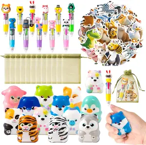 Animal Squeeze Toys Party Favor Gift Set, Included Random Safari Wild Squishy Toy 4-in-1 Ballpoint Pen Cute Animal Stickers and Organza Bag, Spring Party Goodie Bag Fillers for Kids