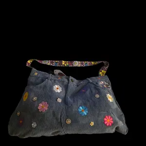 Aesthetic Flower Patch Corduroy Shoulder Bag - Soft Ribbed Fabric, Colorful Stitched & Gem Flower Patches, Spacious Design, Lightweight & Comfy for Everyday Wear. Large Size