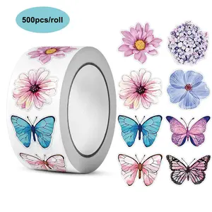 Butterfly & Floral Pattern Sticker, 500pcs/roll Colorful Self Adhesive Decorative Flower Stickers, DIY Decals for Water Bottle, Laptop, Cellphone, Phone Case, Scrapbooking, Journal Making