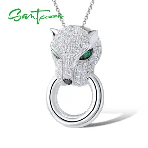SANTUZZA 925 Silver White Cubic Zirconia Lab Created Green And Black Spinel Leopard Pendant Without Chain Fine Jewelry