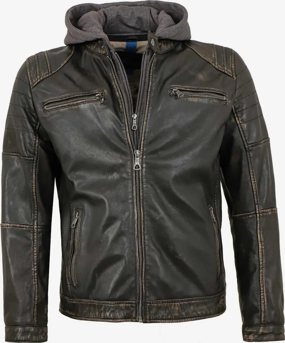 Men's Vintage Lamb Leather Jacket with Hooded Insert – Black