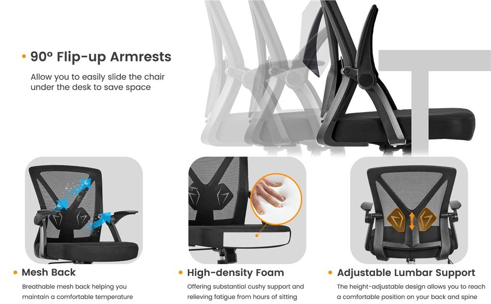 Yaheetech Mesh Office Chair 90° Flip-up Armrests Adjustable Lumbar Support Cushioned Seat Ergonomic Home Chair Black with SGS Features