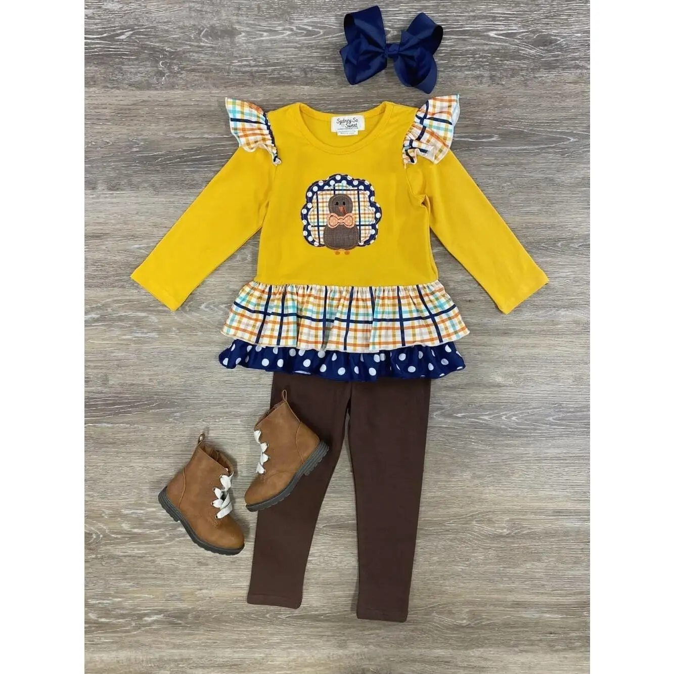Golden Turkey Girls or Toddler Yellow Ruffle Tunic Top & Leggings Thanksgiving Outfit