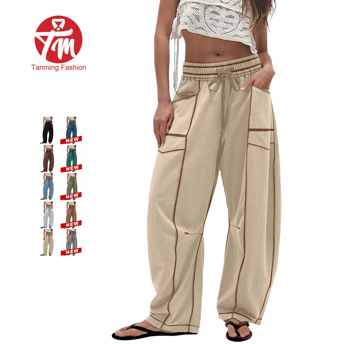 Lady's Baggy Barrel Wide-Leg Yoga Lounge Pants - Drawstring, Pockets, Athleisure Style Bottoms, Summer-Ready Women's Sport & Outdoor Joggers, Barrel Sweats Women's Sports Joggers, Cotton Drawstring Women's Sports Joggers