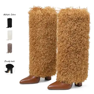 Womens Knee High Fur Chunky Heels Boots Pointed Toe Fuzzy High Heel Dressy Fold Over Boots Fur Tall Fuzzy Wool Curly Boots for Women Fluffy Faux Fur Winter Boots Brown White Khaki Warm Snow Boot shaggy