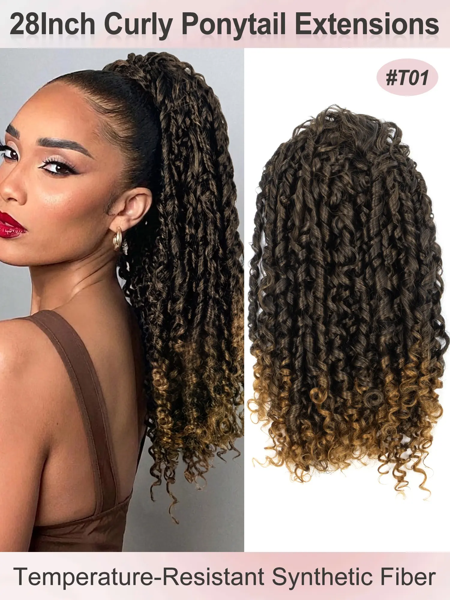 28inch Long Synthetic Curly Wavy Ponytail Curly Wave Drawstring Ponytail Afro Curly Fluffy HairPieces Extension Heat Resistant Clip in Ponytail Wigs For Women Girl Daily Use