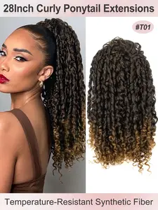 28inch Long Synthetic Curly Wavy Ponytail Curly Wave Drawstring Ponytail Afro Curly Fluffy HairPieces Extension Heat Resistant Clip in Ponytail Wigs For Women Girl Daily Use