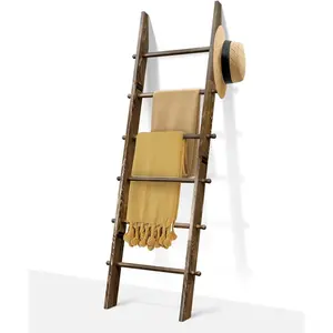 6-Tier Blanket Ladder with  Knobs,5.5 Ft Wall Leaning Blanket Ladders for Living Room Bedroom,Rustic Decorative Storage for Quilts,Throws,Easy to Assemble,Rustic Brown