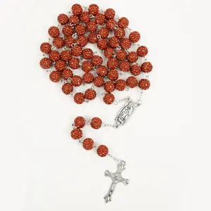 Flame Red Rosary Necklace, Vibrant Multicolor Cross Pendant, 20.4" Catholic Prayer Beads Jewelry, Party Favor & Gift Idea