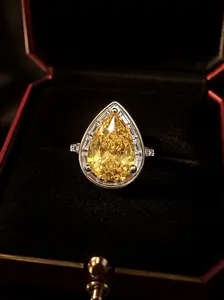 Luxury Pear Cut Yellow Gemstone Ring for Women | 925 Sterling Silver Adjustable Statement Ring | Vintage Designer Style Cocktail Ring | Sparkling CZ Halo Jewelry Gift