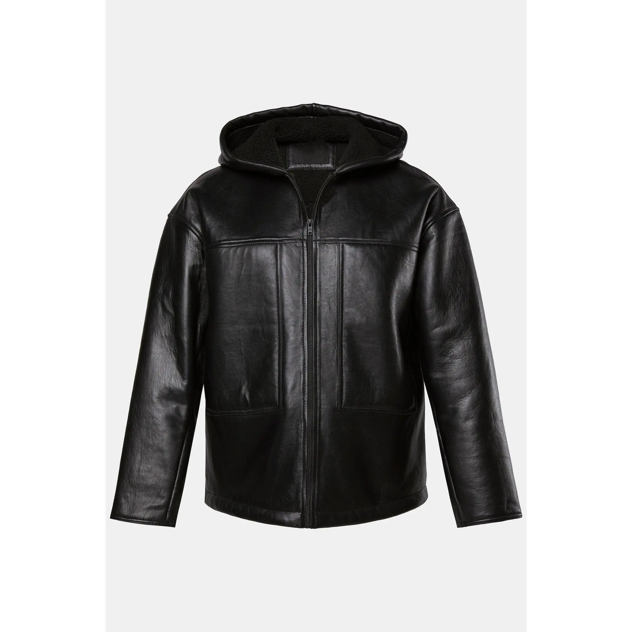 Menswear Men's Hooded Soft Lamb Nappa Leather Coat - Real Leather Teddy-Lined Oversize Sporty Jacket with Pockets (L-7XL), Coats, Fleece