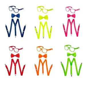 Neon Suspenders, Bow Tie & Sunglasses Set – Adjustable Costume Dress Accessories for Kids – Fun Party Wear for Halloween, Birthdays & Themed Party | 6 Bright Colors