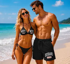 Blue Gingham Matching Couple Swimwear, Checkered Bikini and Swim Trunks Set, Beach Vacation Outfit, Honeymoon Swimsuits, Gift for Couples