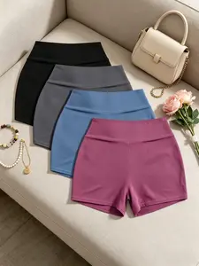 Fashion Mid-Waist Slimming Solid Color Simple Women's Shorts, Four Pieces Set, Suitable for Home and Outdoors, Casual Wear, Womenswear