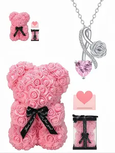 Silk Twined Rose Heart Necklace, Crimson Vow Luxury Gem, Preserved Rose & Teddy Bear Gift Box, Perfect for Birthdays, Valentine’s Day, Mother’s Day, Christmas