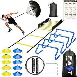 Speed & Agility Training Set (Blue &Yellow) - Agility Kit w/ Football Ladders,Cones Hurdle Set, Parachute for Speed Training, Workout Ladder Rope &Carry Bag –Kids, Adults Agility Training Equipment