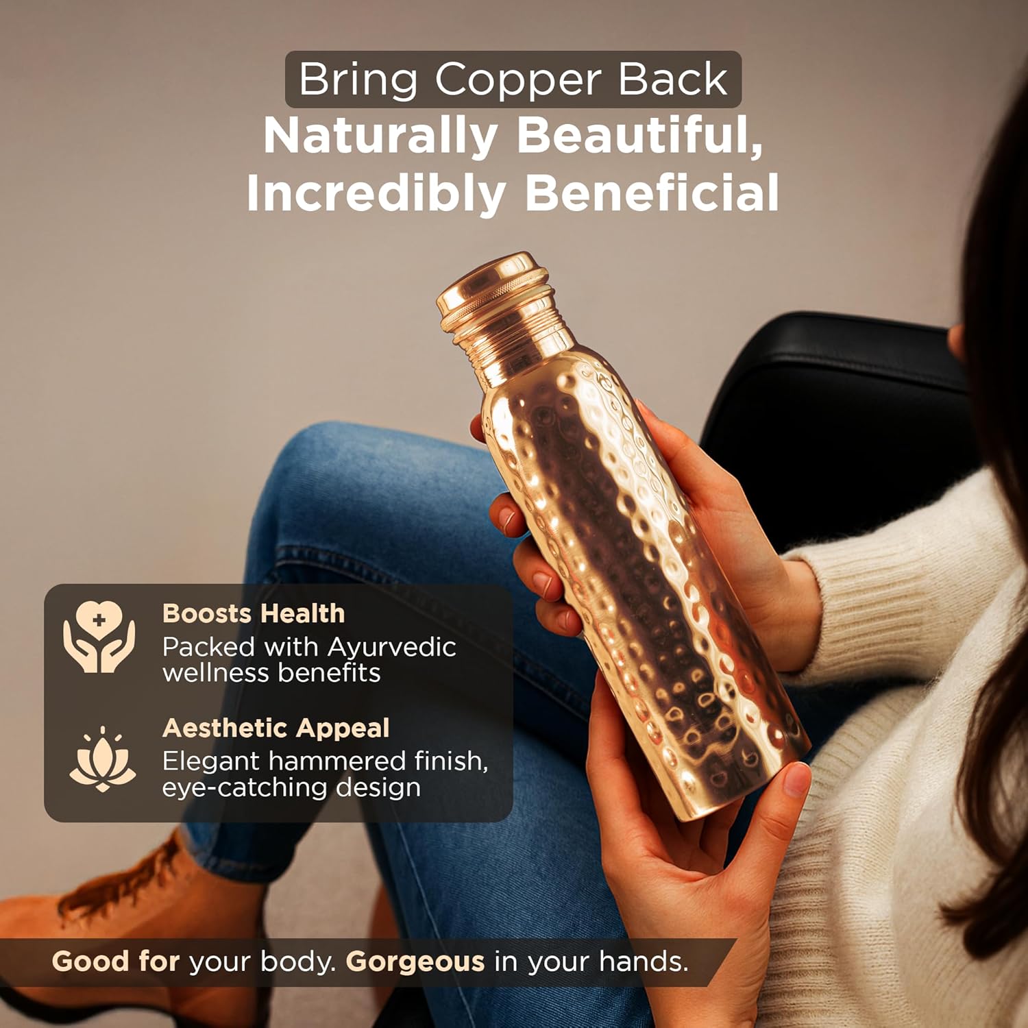 Pinnaclex New Launch Copper Water Bottle 34 Ounces | 100% Pure Copper For Ayurveda Health Benifit | Hammered Design Handmade For Drinking Water | Tested Leak Proof Lid