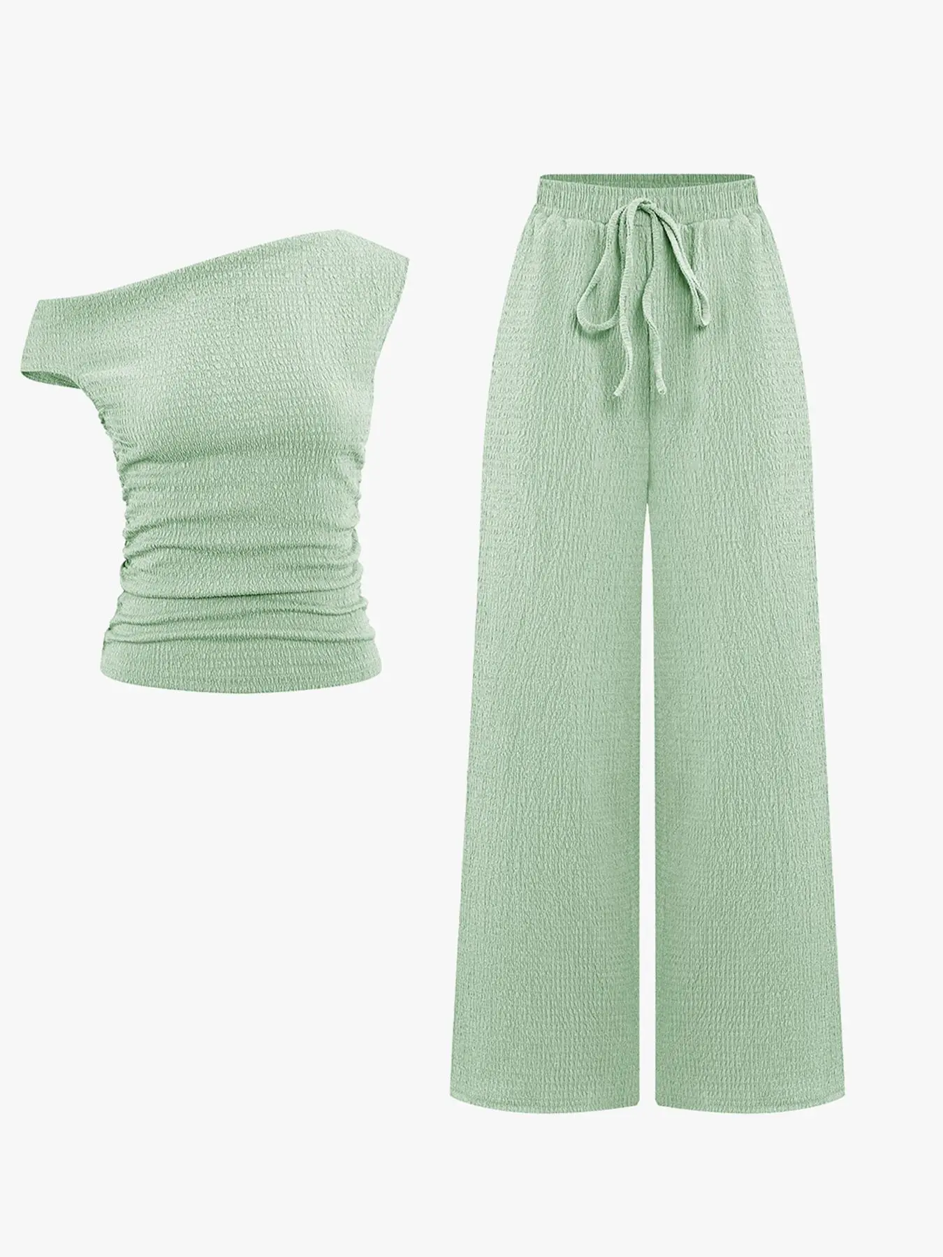 Women's Solid Color Casual Sloping Shoulder Shirred Slim Top & Wide Leg Trousers Co-ord Set Womenswear Ruched Set Plain Pants Set
