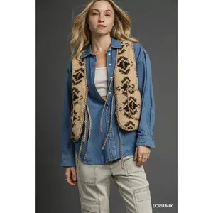 Umgee Mix Patterned Sherpa Tie-Front Vest