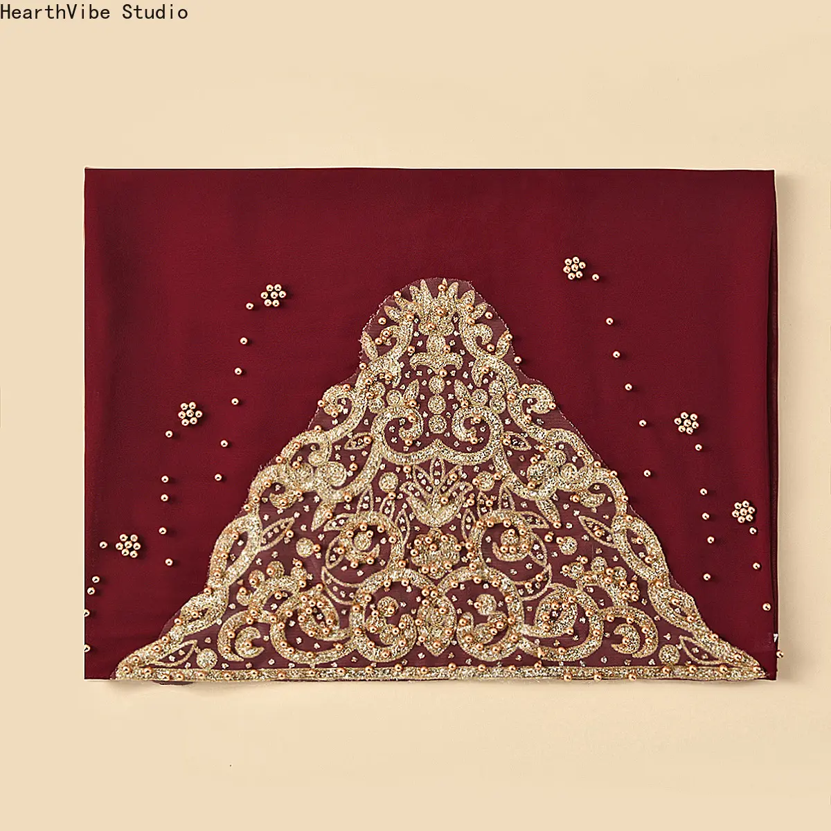 Women's Luxury Chiffon Hijab Headscarf with Gold Embroidered Lace, Soft Maroon Wrap for Wedding & Eid Events, Female
