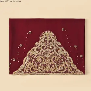 Luxury Maroon Hijab with Heavy Gold Embroidery Lace - Premium Soft Chiffon Headscarf, Elegant Muslim Women Shawl for Eid, Wedding & Henna Party Wrap