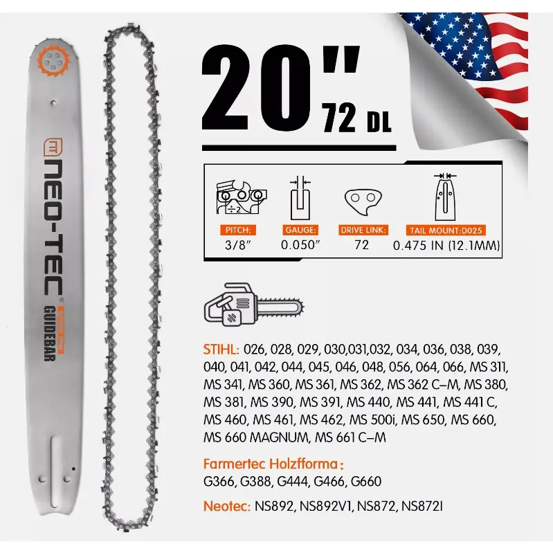 20'' Chainsaw Guide Bar 3/8" 0.050" 72DL Chain For STIHL MS311 MS391 MS361 MS362