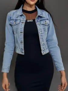 Women's Solid Button Fly Denim Jacket, Casual Fitted Long Sleeve Collared Denim Outerwear for Spring & Fall, Ladies Clothes for Daily Wear, Longsleeves Womenswear, Coats, Casual Chic Outerwear, Basic Casual Jackets