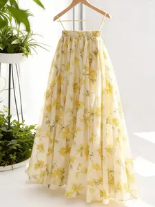 Floral Chiffon Layered Mesh A-Line Flowy Elegant Versatile Vacation Workwear Skirt, Summer Long Skirt, Spring Skirt