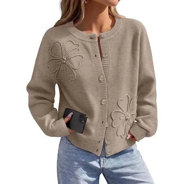 MEROKEETY Women's Fall Floral Button Up Cute Cozy Cardigan Sweaters Trendy | Long Sleeve, 3D Flowers, Ribbed Knit Details, Lightweight Knit Fabric, Loose Fit Outfits, Warm Coat, 2026 Winter Clothes
