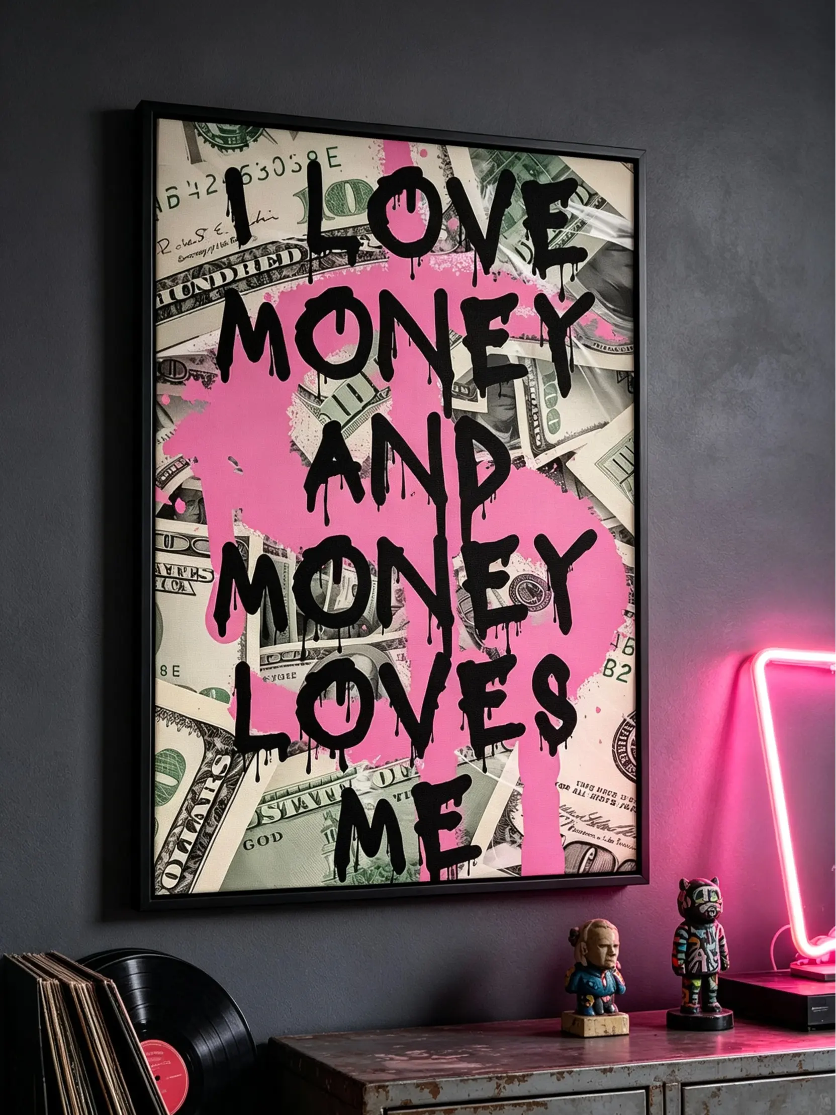 Pink Money Quote Canvas Poster - I Love Money And Money Love Me, Funky Preppy Motivational Wall Art, Aesthetic Home Decor for Girls Bedroom Dorm Office, Unframed Print, Cute Cash Gift