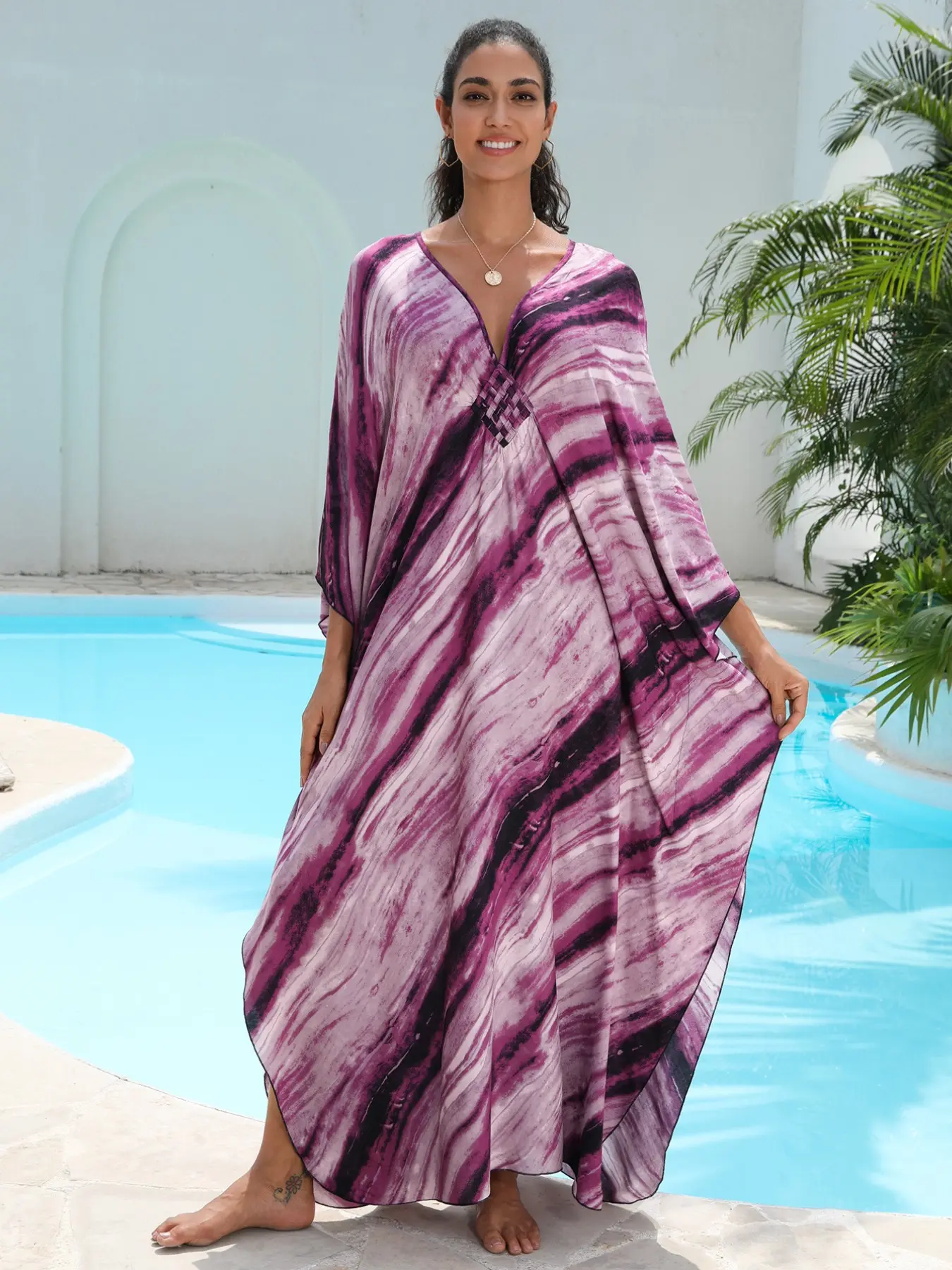 Women's Boho Beach Cover-Up, Handwoven Purple Print Kaftan, Loose-Fit Sun Protection Bikini Outerwear, All-Season Dress, Bohemian Cover Up, Cover Up Beachwear, Beach Cover Ups