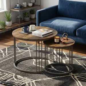 23.6" Round Nesting Coffee Table Set Of 2, Wooden Top & Metal Frame Nesting Tables, Stylish Center Tables For Living Room Bedroom Balcony