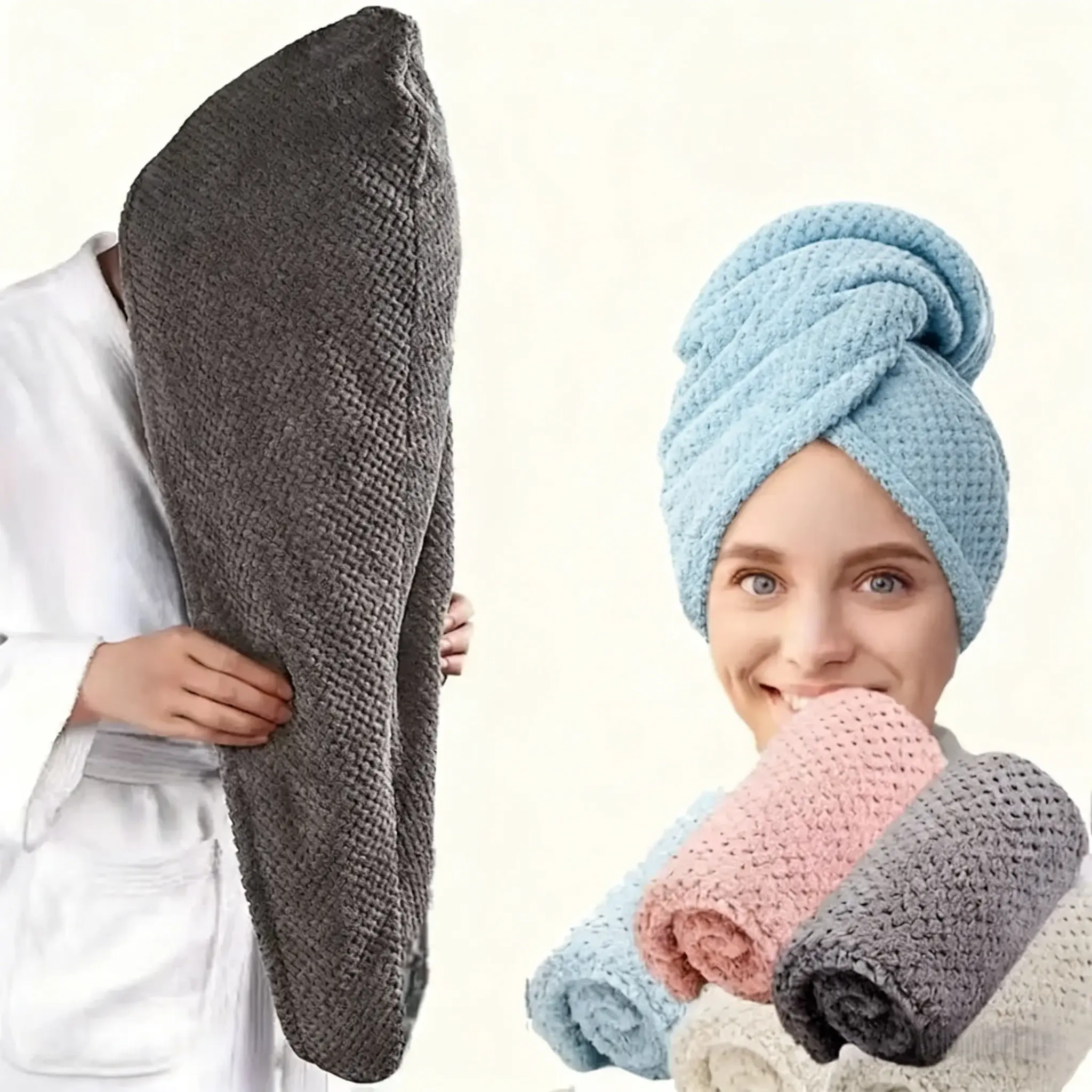 Women's 2-Pack Microfiber Bathroom Towel Set - Hair Hat Bath Towels, Super Absorbent Quick-Dry Anti-Frizz Turbans with Button, Large Size for All Hair Types, Quick Drying Towels, Super Absorbent Towels