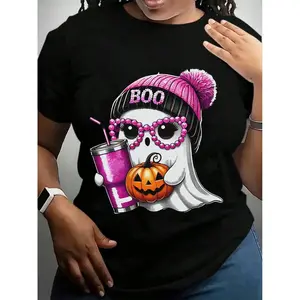 Halloween Ghost With Pink Hat Shirt, Woman's Halloween T-Shirt, Spooky Season Tee, Boo With Pumpkin And Coffee Shirt, Fall Gift Tee
