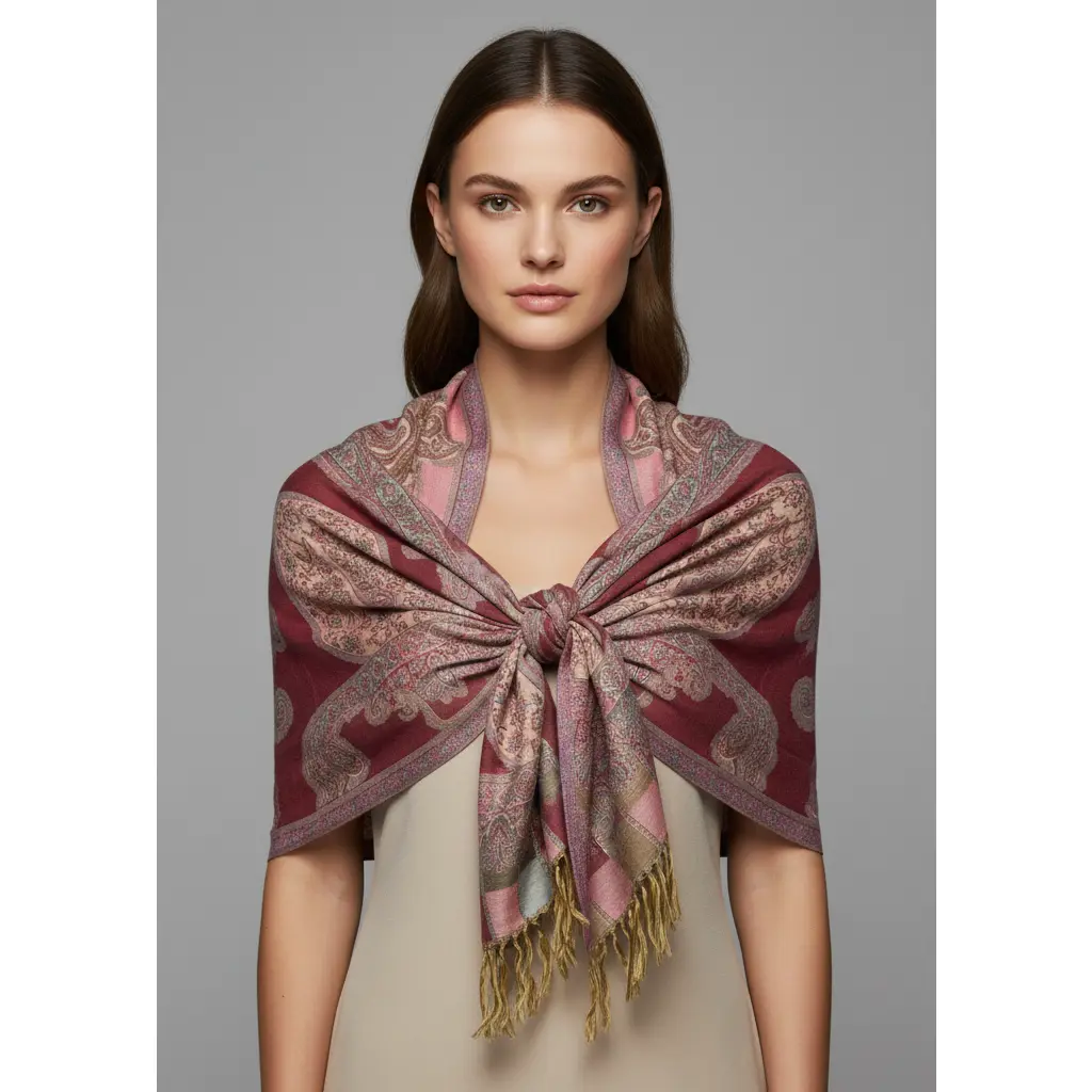Sheer Handmade Paisley Damask Pashmina Shawl-Pink Tan