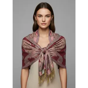 Sheer Handmade Paisley Damask Pashmina Shawl-Pink Tan