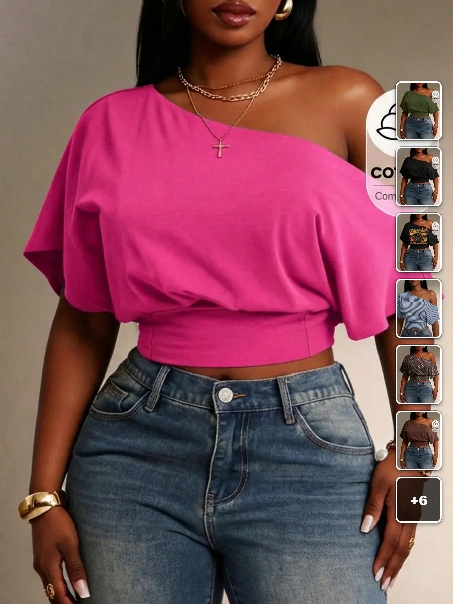One Shoulder Cropped Top Fuchsia Cotton Batwing Sleeve Summer Outfit Vacation
