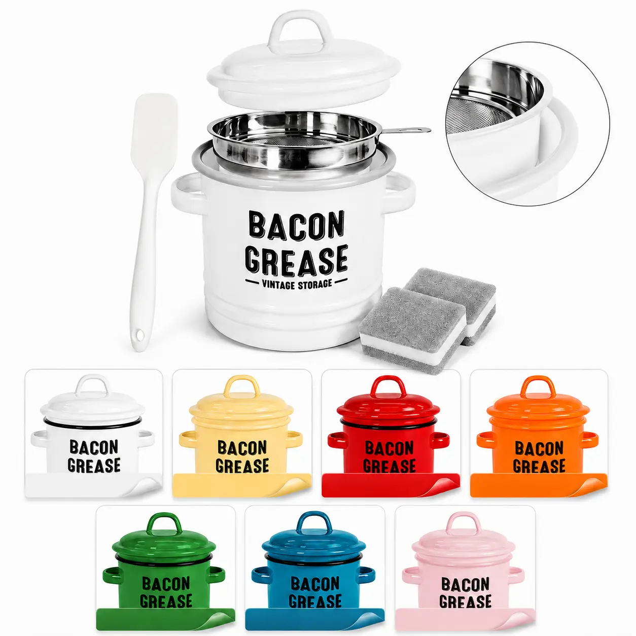 Bacon Grease Container with Strainer, Large 46OZ Kitchen Oil Storage Can with Lid, Farmhouse Reusable Cooking Grease Collector, Leakproof Food Storage Bin, Dishwasher Safe Dispensers