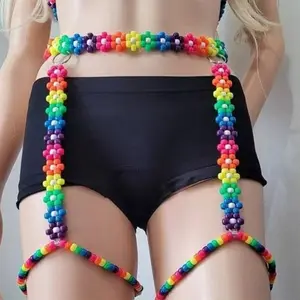 Colorful Beaded Festival Belt Boho Waist Jewelry Tropical Summer Body Harness Poolside Accessories Rainbow Flower Kandi Garter