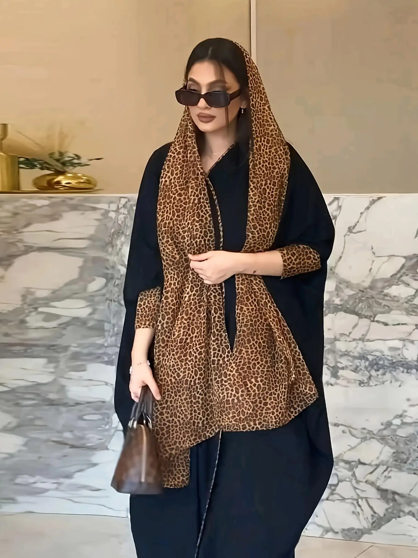 Women's Leopard Patchwork Print Batwing Sleeve Abaya & Hijab Set, Casual Three Quarter Length Sleeve Open Front Abaya & Hijab, Women's Islamic Clothin