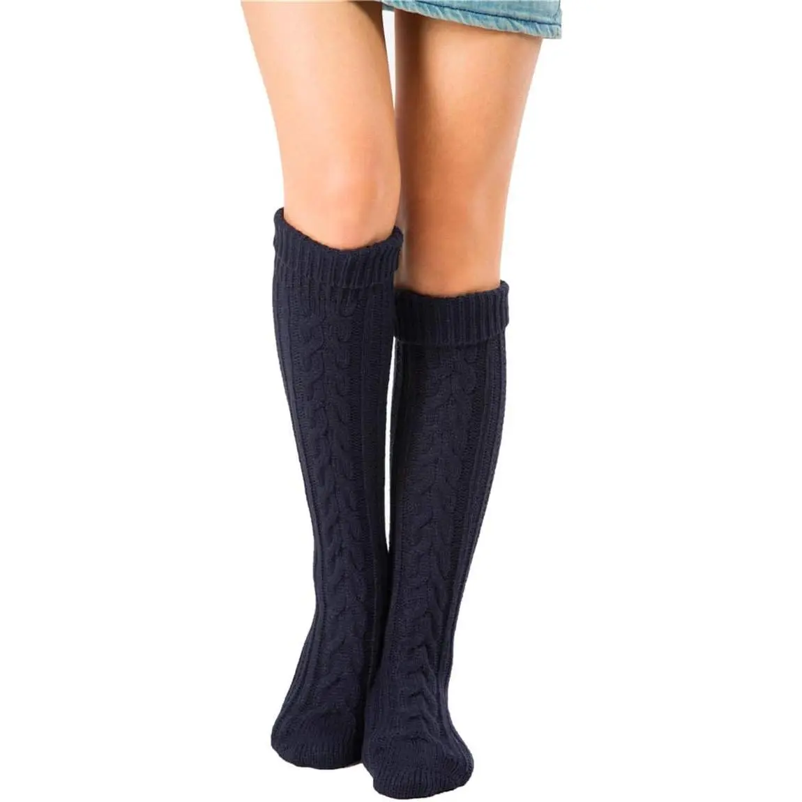 Women's Cable Knit Knee Socks - Solid Colors, Minimalist, Cozy Warm Winter Legwear for Cold Weather, Knitwear, Nylon Blend