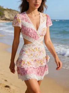Women's Summer Fashion Creative Lace Patchwork Waist Cut Out Backless Dress, Ruffle Multi-Layer Skirt, Beach Casual Wear
