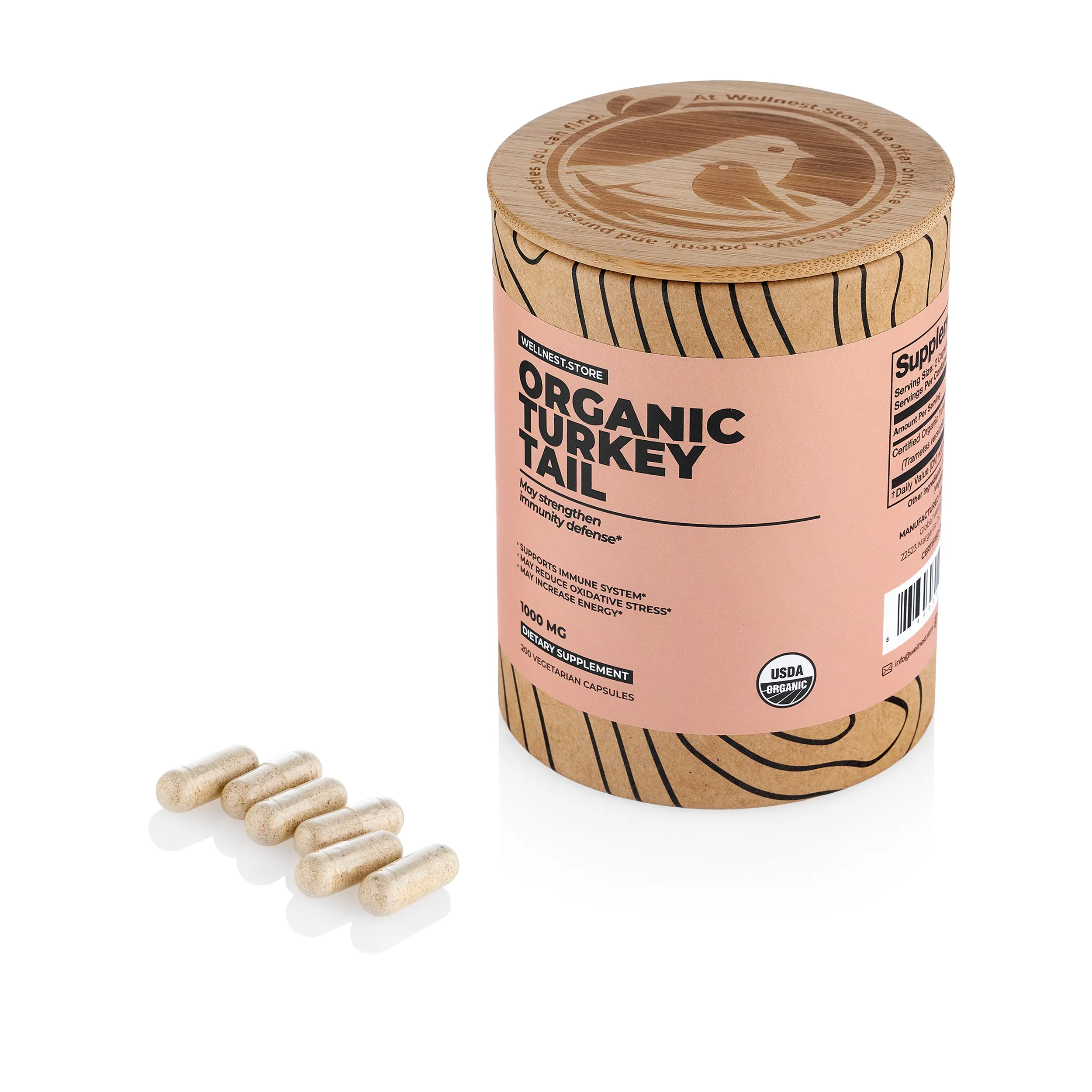 Wellnest.Store Turkey Tail Organic Mushroom (Trametes Extract) 200 Veggie Caps - Immune Support Supplement; Promotes Growth of Beneficial Bacteria in The Gut + Boosts Energy